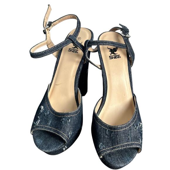 Shiekh Blue Distressed Denim Platform Sandals Block Heel NWOB Size 8 - Picture 6 of 7